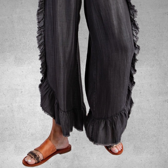 EASEL Raw Ruffle Trim Lightweight Pants Elastic & Drawstring Waist & Scooped Hem - Picture 14 of 16